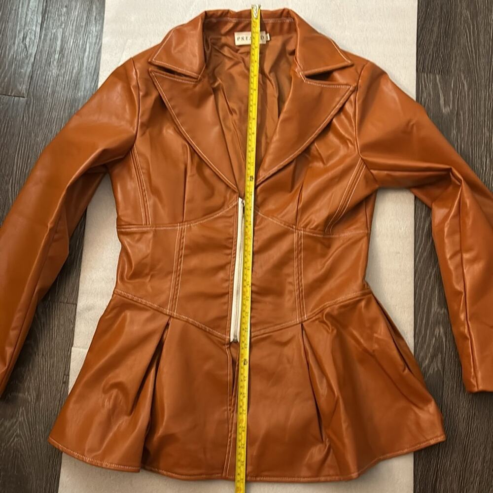 Pressed Brown Zip Up Peplum PU Jacket Swing Coat XL Boho Indie Rocker Glam Retro - Picture 8 of 12
